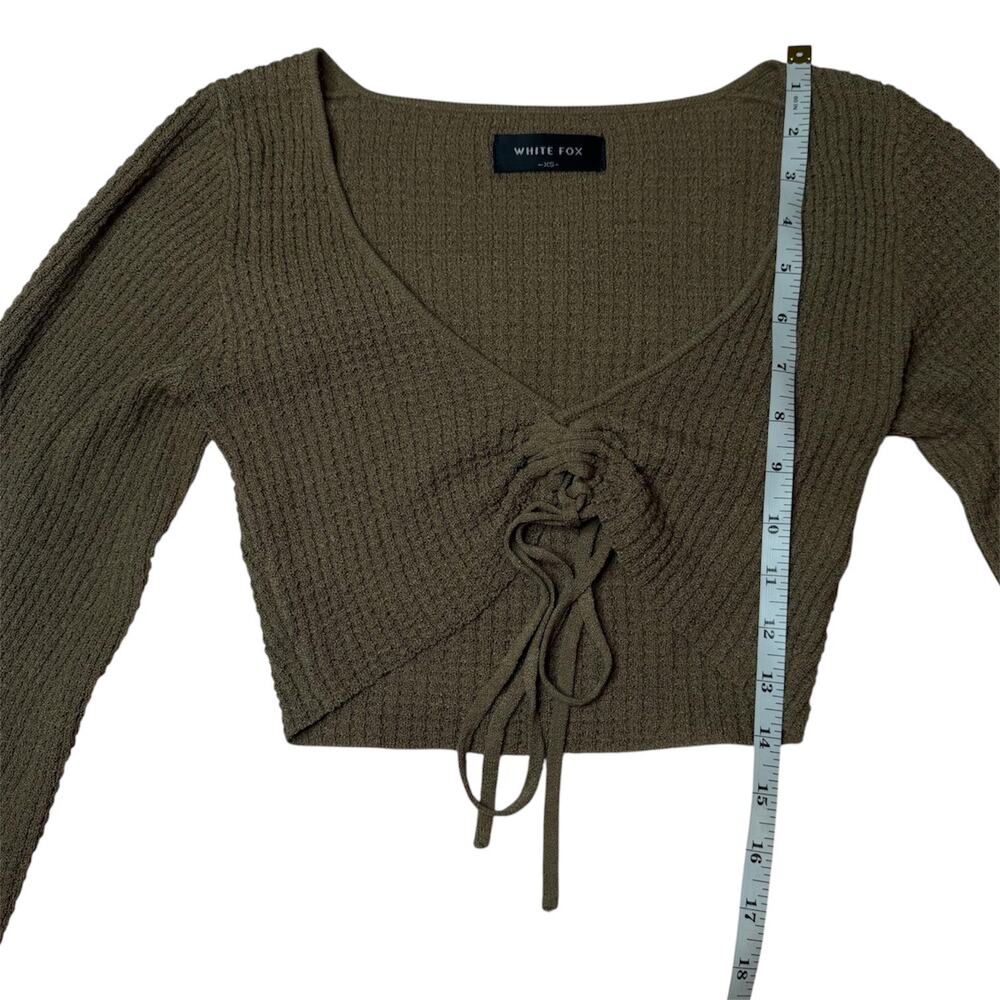White Fox Brown Ribbed Lace‎ Up Crop Top Balloon Sleeve Size XS Minimalist Basic - Picture 8 of 9